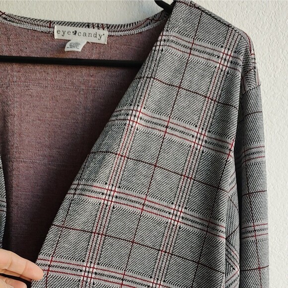 Eye Candy Long Cardigan Duster Open Front Black Red Check 3X Long Sleeve - Picture 3 of 10